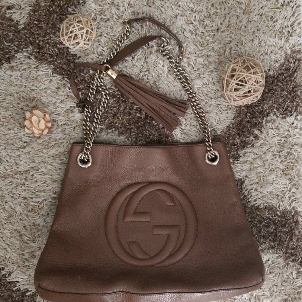 GUCCI Soho Leather Chain Strap Tote Brown